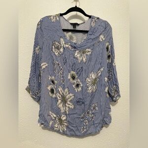 Tribal Women's light Blue Striped floral 3/4 Sleeve Blouse Size XL